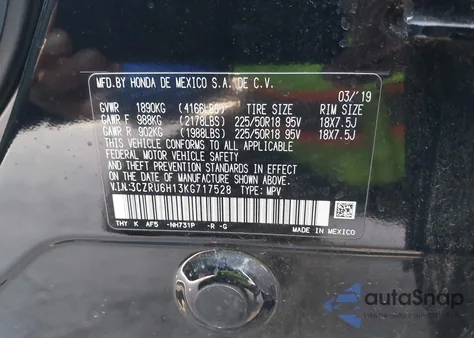 2019 Honda Hr-V Sport from USA, damaged, VIN 3CZRU6H13KG717528